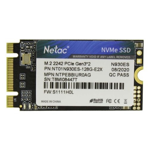 Ssd накопитель Netac SSD N930ES 128GB PCIe 3 x2 M.2 2242 NVMe 3D NAND, R/W up to 970/635MB/s, TBW 75TB, 3y wty