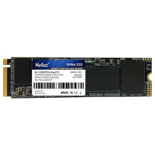 Твердотельный накопитель SSD M.2 2280 500Gb Netac N950E Pro PCIe [NT01N950E-500G-E4X] TLC 3D NAND (R3500/W3000MB/s)