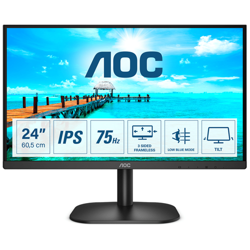 Монитор 23.8" AOC 24B2XDA black (IPS, 1920x1080, 16:9, 178°/178°, 250cd/m2, 1000:1 (20M:1), 4ms, 75Hz, VGA, DVI, HDMI, MM