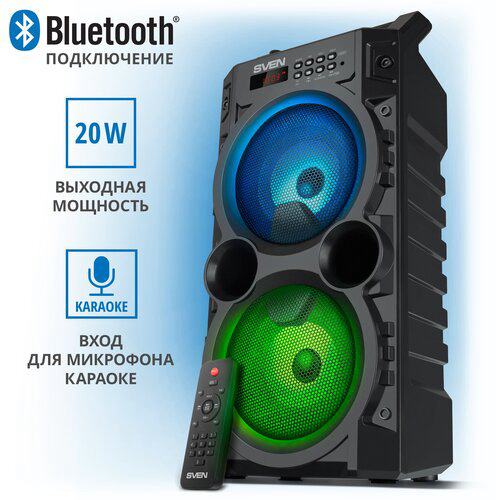 Колонка Sven PS-440 черный 2x10W, USB, Bluetooth, micro SD, FM-радио, LED-подсветка, LED-дисплей