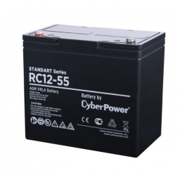 Battery CyberPower Standart series RС 12-55, voltage 12V, capacity (discharge 20 h) 55Ah, max. discharge current (5 sec) 500A, max. charge current 15A, lead-acid type AGM, terminals under bolt M6, LxWxH 230x138x205mm., full height with terminals 227m
