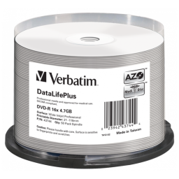 Диск DVD-R Verbatim 4.7Gb 16x Cake Box (50шт) Printable (43744)