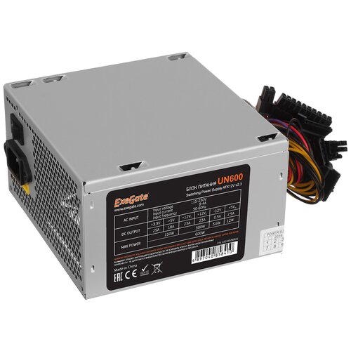 Блок питания 600W Exegate UN600, ATX, 12cm fan, 24+4pin, 6pin PCI-E, 3*SATA, 1*FDD, 2*IDE