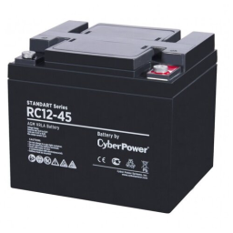 Battery CyberPower Standart series RС 12-45, voltage 12V, capacity (discharge 20 h) 47.2Ah, max. discharge current (5 sec) 540A, max. charge current 13.5A, lead-acid type AGM, terminals under bolt M6, LxWxH 197x165x170mm., full height with terminals