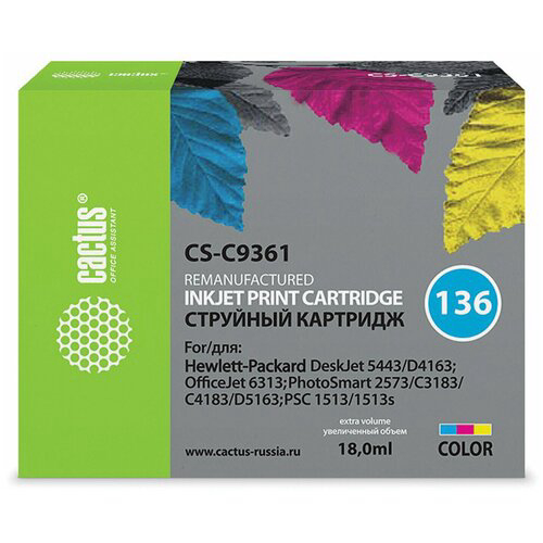 Картридж струйный Cactus CS-C9361 №136 многоцветный (18мл) для HP DJ 5443/D4163/DJ 6313/PS 2573/C3183/C4183/D5163/1513/1513s