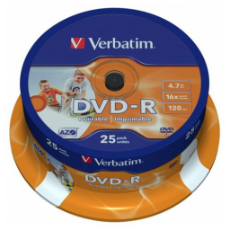 Диск DVD-R Verbatim 4.7Gb 16x Cake Box (25шт) Printable (43538)