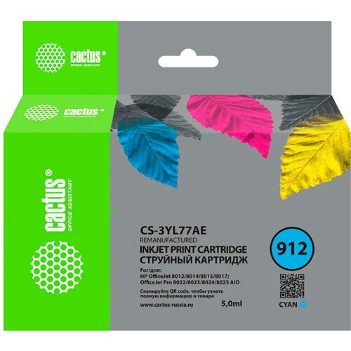 Картридж струйный Cactus CS-3YL77AE 912 голубой (5мл) для HP OfficeJet 8010/8012/8013/8014/8015/8020/8025