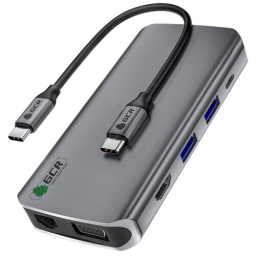 Хаб GCR TypeC Hub 10 в 1 HDMI + VGA + RJ45 + USB3.0 x3 + Card Reader + Audio + TypeC PD