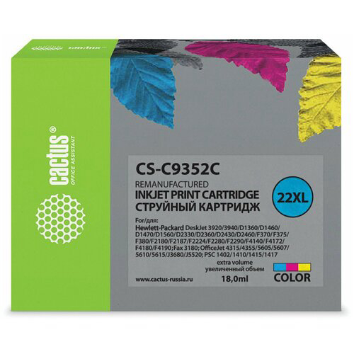 Картридж струйный Cactus CS-C9352C №22XL многоцветный (18мл) для HP DJ 3920/3940/D1360/D1460/D1470/D1560/D2330/D2360