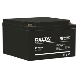 Батарея DELTA серия DT, DT 1226, напряжение 12В, емкость 26Ач (разряд 20 часов),  макс. ток разряда (5 сек.) 390А, макс. ток заряда 7.8А, свинцово-кислотная тип