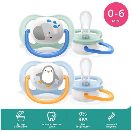 Соска-пустышка Philips Avent SCF080/05 Слон/Пингвин, 0-6 мес, 2 шт, для мальчиков