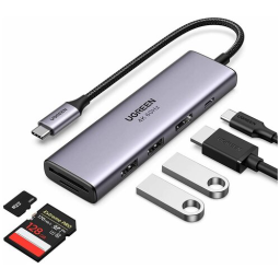 Концентратор UGREEN 60384 USB-C to 3*USB 3.0+PD+HDMI+SD/microSD, серый космос