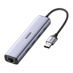 Адаптер UGREEN CM475 (60554) USB3.0 to 3×USB3.0 +RJ45 (1000M) Ethernet Adapter Type-C Power Supply - Gray