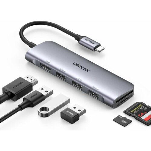 Док-станция UGREEN CM511-20956A; Type C to HDMI +USB 3.0*3 + SD/TF, без порта для питания