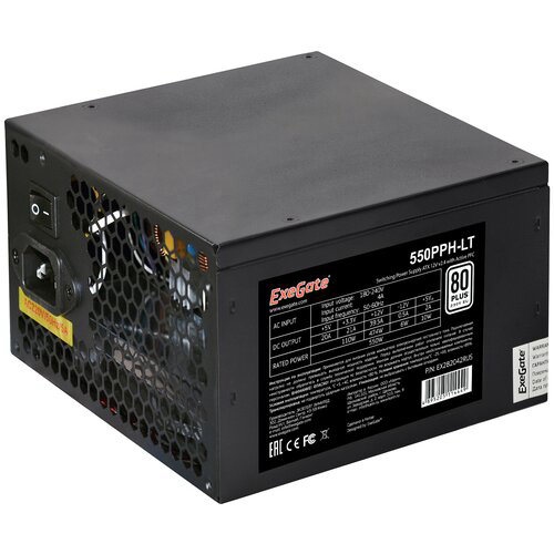 Блок питания 550W Exegate 550PPH-LT, RTL, 80+, ATX, black, APFC, 12cm, 24p, (4+4)p, 5*SATA, 3*IDE