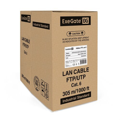 Exegate EX289279RUS Кабель ExeGate FUTP4-C6-CU-S23-IN-LSZH-OR-305 FTP 4 пары кат.6 медь, 23AWG, экран, бухта 305м, оранжевый, LSZH