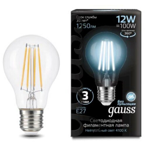 Лампа светодиодная Gauss Filament 102902212 12Вт цок.:E27 груша 185B 4100K св.свеч.бел.нейт. грушеви